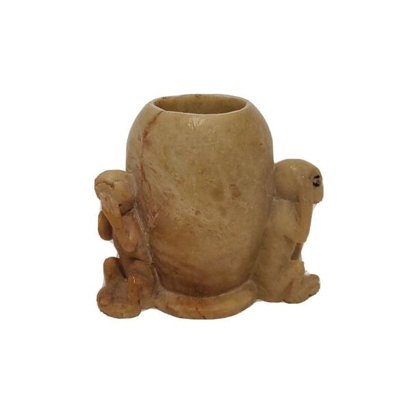 Vintage SoapStone Carved Vase See No Hear No Speak No Evil Monkeys Peeking 3" - Picture 4 of 7